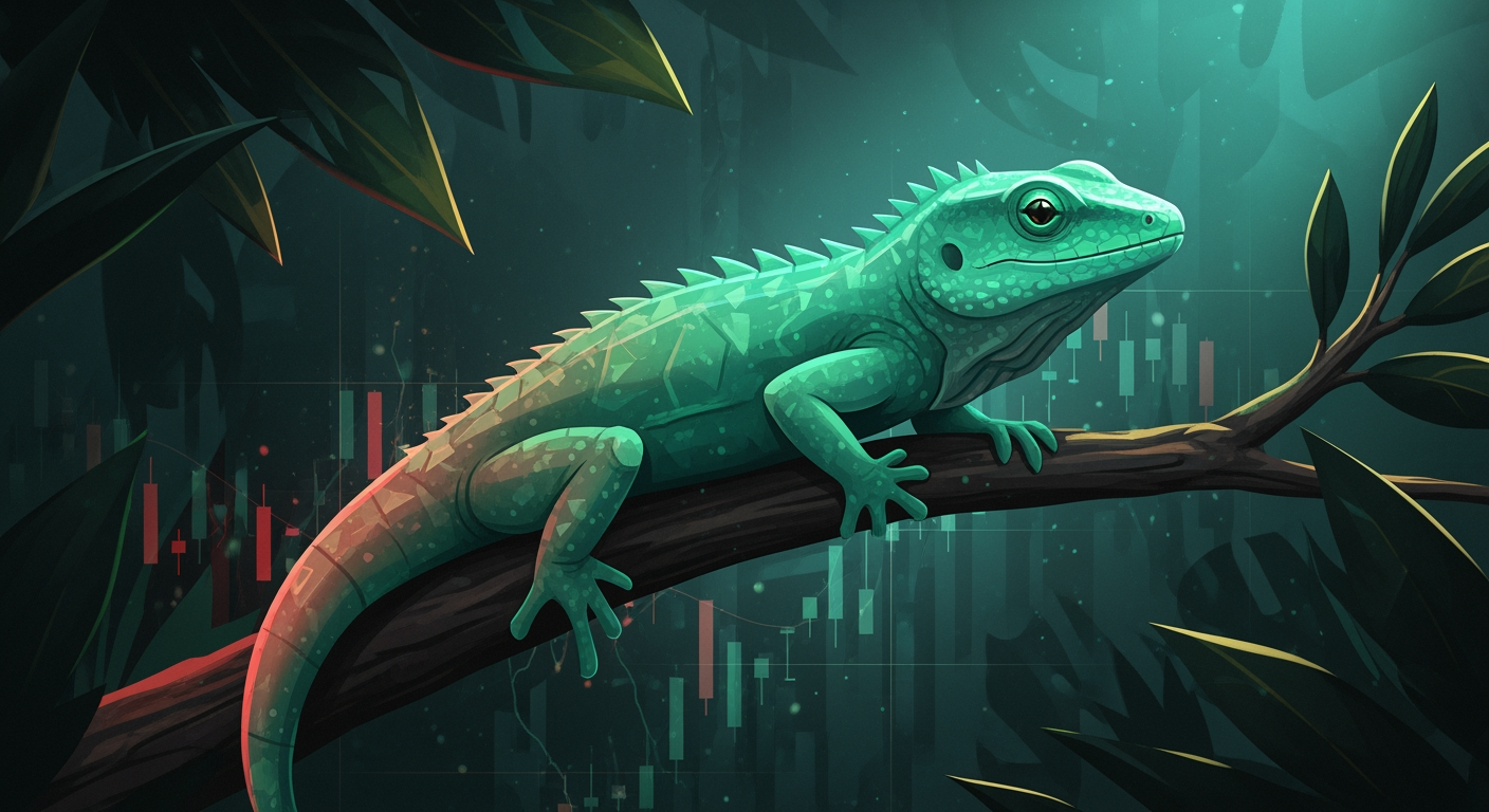 Conceptual illustration of the Jade Lizard strategy: a jade lizard with zero upside risk on one side and defined downside risk on the other