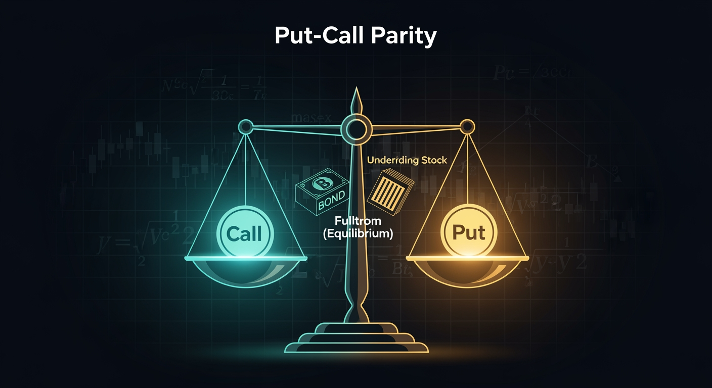 Conceptual illustration of put-call parity: a perfectly balanced scale with call and put options in mathematical equilibrium