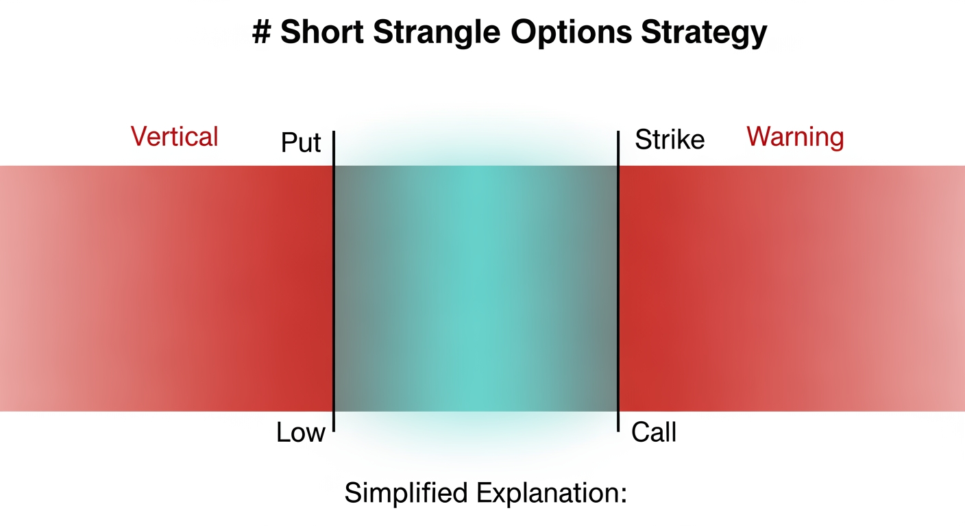 Conceptual illustration of a short strangle: a teal profit corridor flanked by red undefined-risk zones beyond both short strikes
