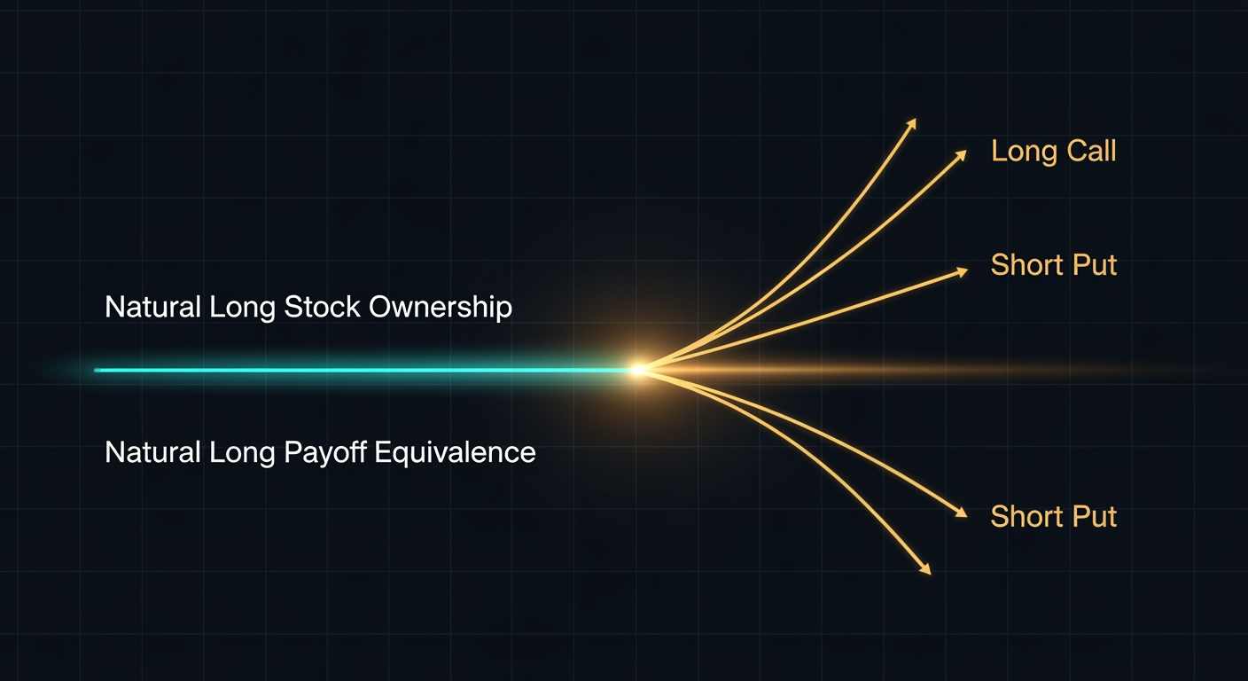 Conceptual illustration of synthetic equivalence: two distinct paths — natural stock and a long call plus short put — converging to the same payoff outcome