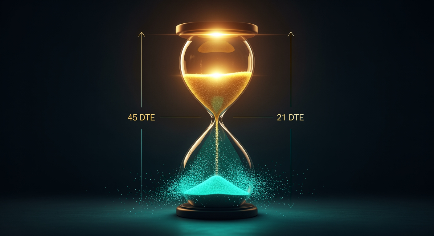 Conceptual illustration of theta decay accelerating toward expiration like sand falling through an hourglass